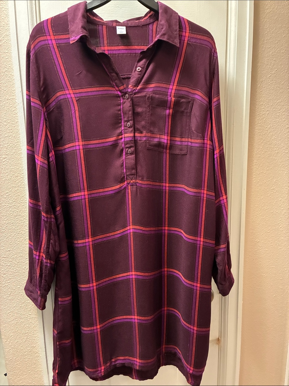 Old Navy Women’s Plaid Button-Down Shirt Dress - Plum and Pink Plaid size L